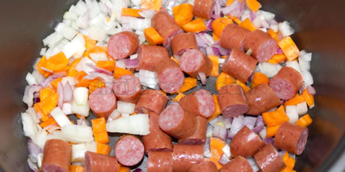 onions, carrots, and sausages